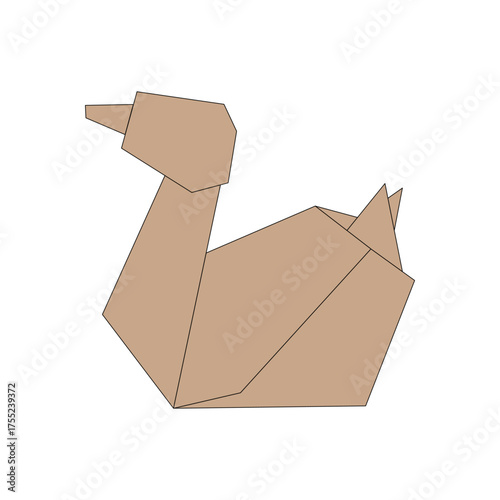  illustration of an origami style duck. The duck is depicted in a simple, geometric design with a brown color. It features a pointed beak and folded wings.
