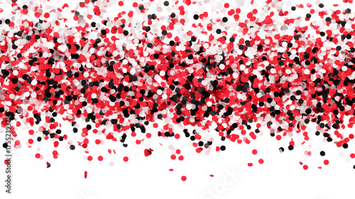 A vibrant background of falling confetti in red, white, and black colors, creating a festive atmosphere