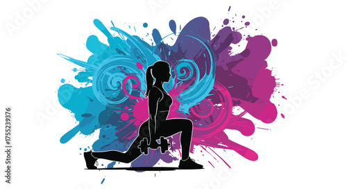 Energetic woman doing lunges with dumbbells, vibrant fitness lifestyle, empowering strength training illustration on a bold abstract splatter background