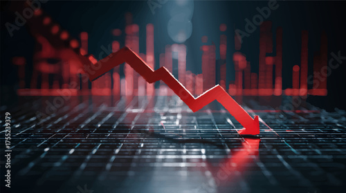 A downward trending red arrow on a digital grid background, symbolizing a decline in financial markets or data