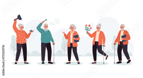 Cheerful seniors enjoying retirement with hobbies and community, illustrating active aging and vitality in later life, perfect for healthcare and lifestyle content
