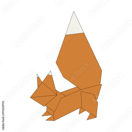 An origami-style vector illustration of a fox. The fox is depicted in orange with a white-tipped tail and ears, showcasing geometric shapes and clean lines.