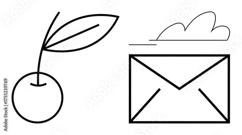 Minimalist cherry branch and envelope with cloud accent. Ideal for nature, communication, email, messaging, simplicity, minimalism, balance. Simple flat metaphor