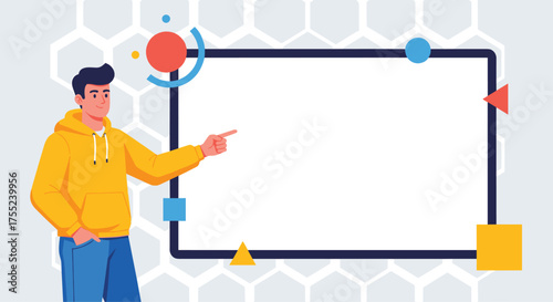 Dynamic presentation template with confident young man pointing at a blank whiteboard, perfect for business, education, or creative projects needing visual impact