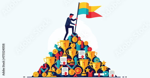 Achieving business success with a dynamic leader planting the flag at the top of the mountain of awards, demonstrating victory and accomplishment for your brand