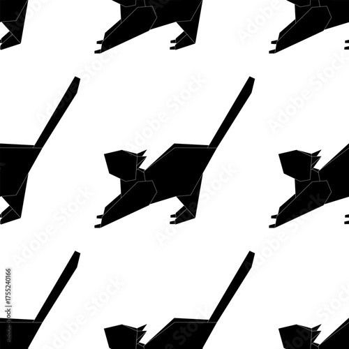 Vector animals in origami style, featuring a repeating pattern of black origami cats on a white background. The design is minimalistic and modern.