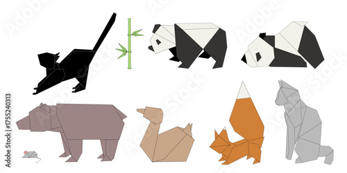 Vector animals in origami style, including a black cat, panda, bear, duck, fox, and gorilla. Each animal is depicted with geometric shapes and minimalistic design.