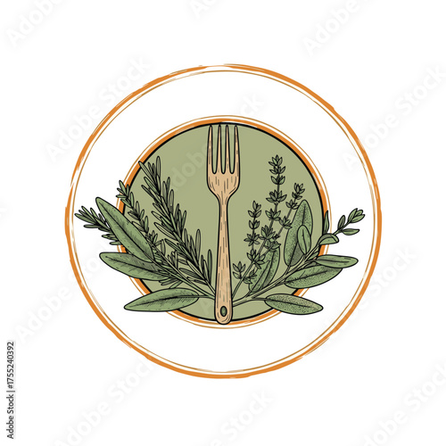 Elegant culinary logo featuring fresh herbs and a rustic fork, perfect for branding restaurants, food blogs, or organic farm-to-table businesses