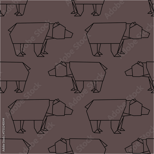 Vector animals in origami style, featuring a repeating pattern of geometric bear shapes in black on a brown background. Vector illustration