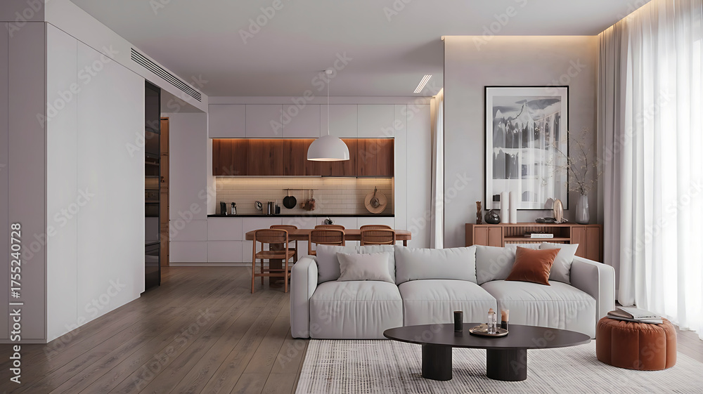 Fototapeta premium Modern Apartment Interior with Open Kitchen and Cozy Living Area Featuring Minimalist Design and Natural Light