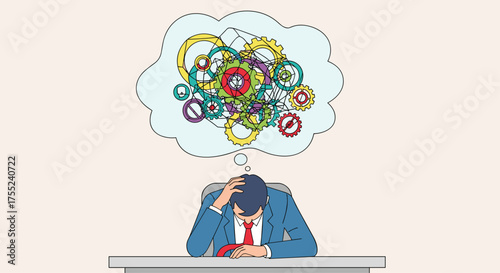 Stressed businessman overwhelmed by complex problems, visual metaphor for feeling frustrated, confused, and unable to focus with interconnected gears in mind