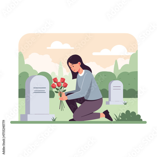Mourning woman gently places red roses at a serene gravesite, honoring memories and reflecting on life lost in peaceful cemetery setting