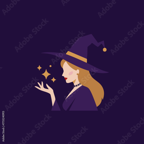 Stylized Witch in Profile Casting Magic with Sparkles on Dark Purple Background for Fantasy or Halloween Themes