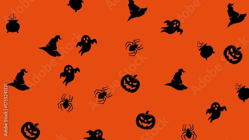 Orange background with black halloween icons suitable for halloweenthemed designs, invitations, and party decorations. Perfect for festive graphics.