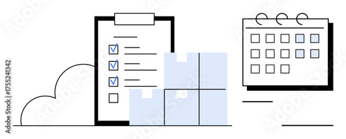 Task checklist with marked items, boxes, and calendar elements. Ideal for planning, productivity, task management, shipping, logistics scheduling organization. Simple flat metaphor