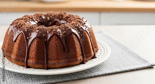 Chocolate bundt cake with chocolate glaze and chocolate shavings
