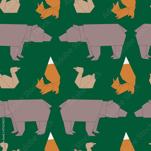 Vector animals in origami style, featuring bears and foxes in a repeating pattern on a green background. The design is playful and colorful, suitable for various applications.