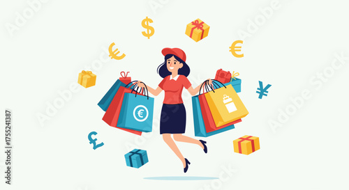 Cheerful woman enjoys shopping with bags full of purchases and gifts surrounded by euro, dollar, pound, and yen currency symbols representing global spending