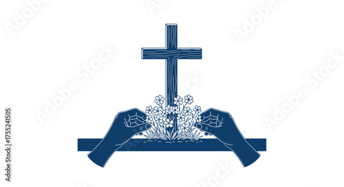A moving symbol of faith and hope featuring a cross with flowers, hands gently tending to a garden of blessings, a powerful message of compassion