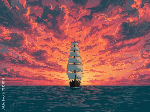 Majestic tall ship sailing through a fiery sunset sky