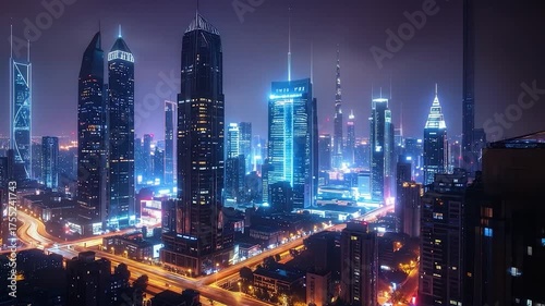 Wallpaper Mural A futuristic cityscape at night, showcasing towering skyscrapers with vibrant blue and orange lights, dynamic roads Torontodigital.ca