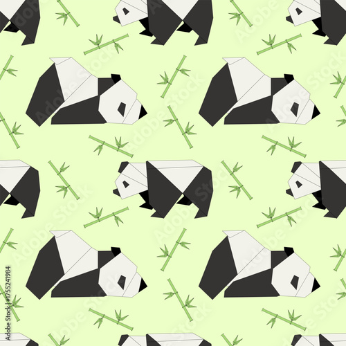 Vector animals in origami style featuring black and white pandas surrounded by bamboo on a light green background. Ideal for playful designs and patterns.