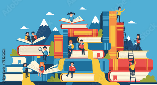 Inspiring illustration of students learning and studying together, perfect for back to school promotions or showcasing a love of reading and education