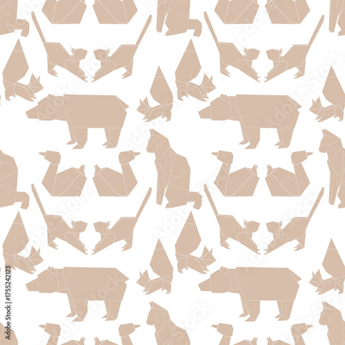 Vector animals in origami style. The design features various animal shapes, including bears, cats, and birds, arranged in a seamless pattern on a white background.