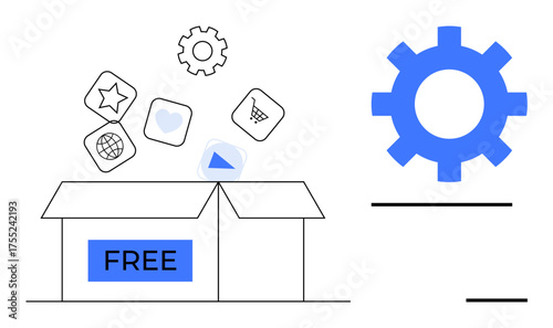 Open box labeled Free releasing icons of technology, shopping cart, play button, and star. Blue gear symbolizes development, innovation, creativity. Ideal for technology, ideas apps internet