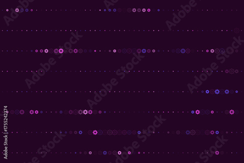 Abstract digital background with glowing pink and blue gear icons and subtle dots arranged in horizontal lines, symbolizing technology, data, and mechanical precision.