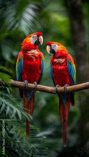 Two vibrant scarlet macaws perched together on a branch