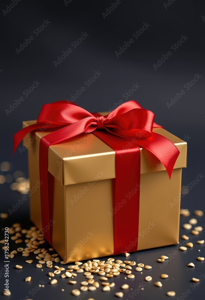 Obraz premium Elegant golden gift box tied with a luxurious red silk ribbon, perfect for any special occasion, occasion, tied