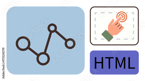 Analytics graph with nodes and connections, a hand clicking on a button, and HTML text. Ideal for web development, coding, analytics, user interaction, technology education, programming simple flat