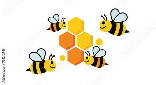 Adorable cartoon bees buzzing around a vibrant honeycomb create a playful and inviting design perfect for children's products and educational materials