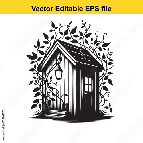 Vector art of rustic wooden shed with ivy and a lantern