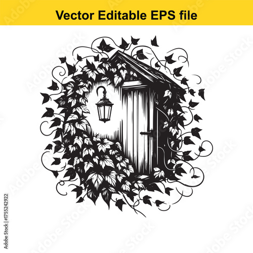 Vector art of enchanting shed covered in dense ivy with a vintage lantern