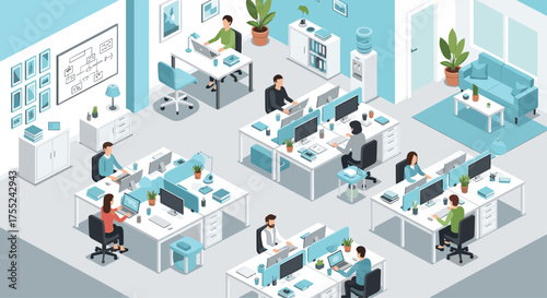 Inspiring open office space with modern desks and collaborative workspaces for increased productivity and employee well-being in vibrant company culture