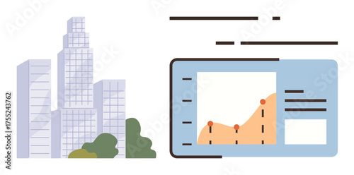 Modern cityscape beside analytics dashboard displaying a line graph with data points. Ideal for business, growth, finance, technology, urban planning, research, progress representation. Simple flat