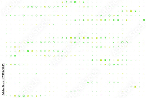Abstract digital background with glowing green and yellow gear-like shapes forming a technological grid pattern, representing data, innovation, and futuristic systems.