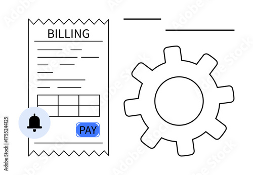Payment receipt with billing details, pay button, notification bell, and gear symbolizing system settings. Ideal for invoicing, payment solutions, automation, finance, business operations