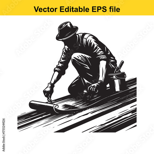 Vector art of roofer applying tar paper with roller, black and white illustration