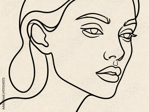 A minimalist line art portrait of a woman with elegant facial features and flowing hair
