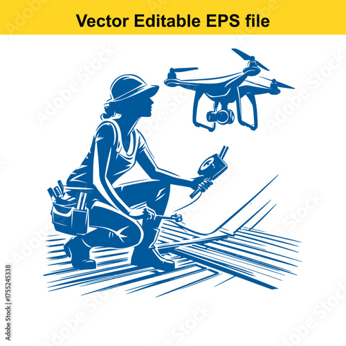 Vector art of woman operating a drone with a remote control