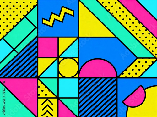 Vibrant Geometric Shapes in a Modern Illustration Featuring Circles, Triangles, and Squares in Bright Colors