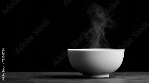 Korean tea ritual, A simple white bowl emits steam against a dark backdrop, creating a minimalist and cozy atmosphere.