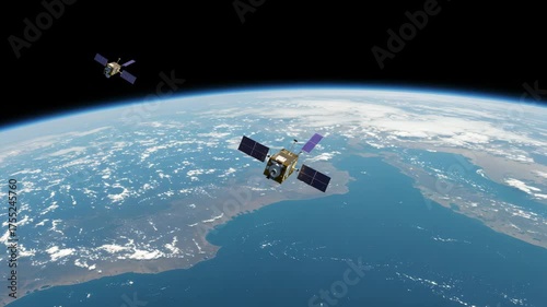 Small research satellite in mid-Earth orbit above cloud layer