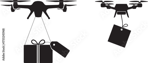 Drone delivery service concept black silhouette drones delivering packages gifts fast