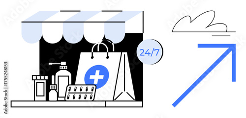 Pharmacy storefront with medical supplies, shopping bag marked with cross, 247 sign, upward arrow, and cloud. Ideal for e-commerce, healthcare, accessibility, medicine delivery growth convenience