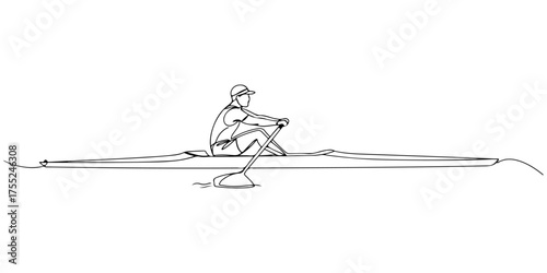 Continuous one line drawing of a rower rowing a boat, symbolizing teamwork, movement, and balance, vector illustration style.