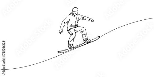 Continuous one line drawing of a person snowboarding down a hill, symbolizing adventure, speed, and excitement, style vector illustration.
